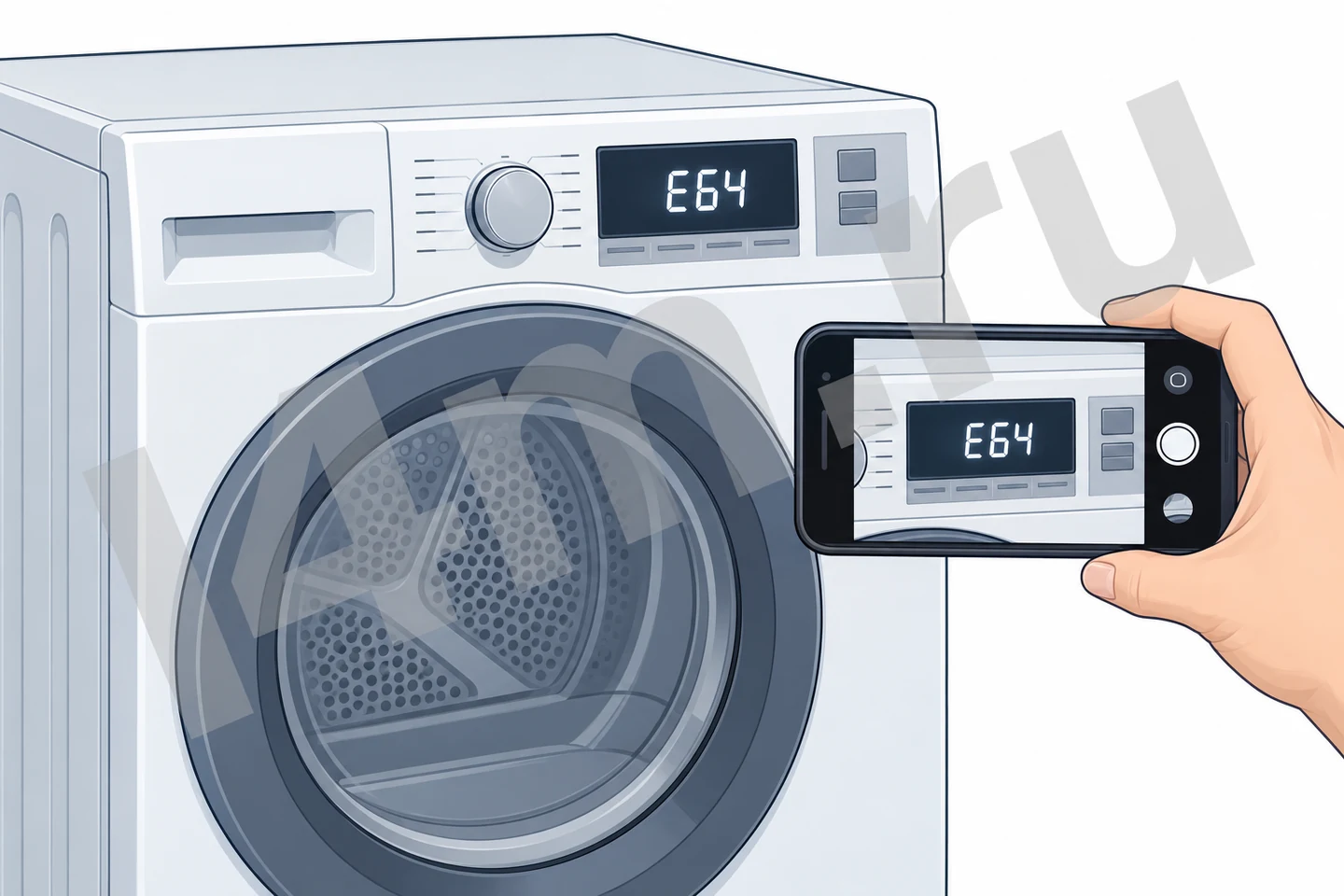 Телефон фотографирует ошибку E64 на панели остановленной сушильной машины.