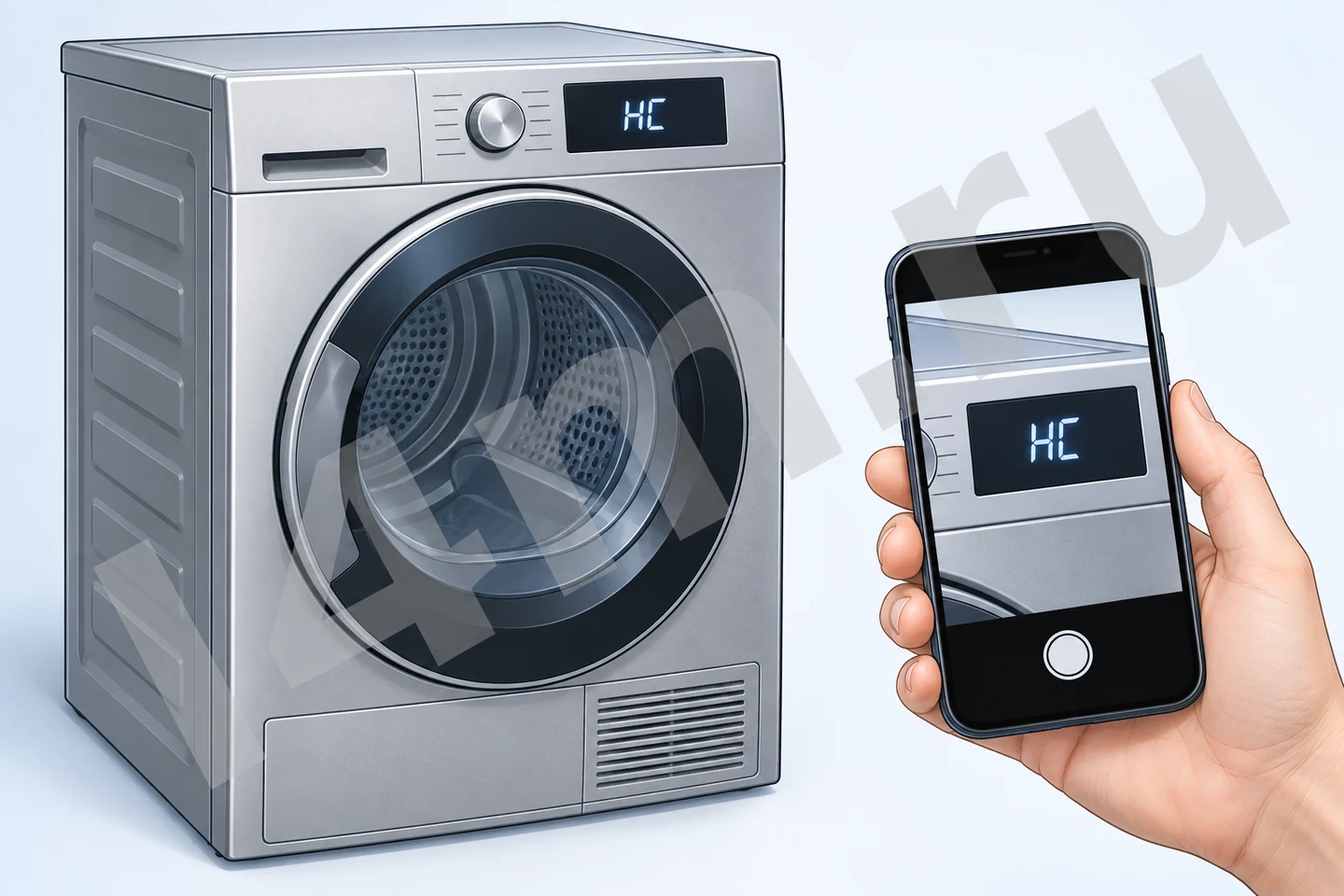 Телефон фотографирует код HC на дисплее остановленной сушильной машины.