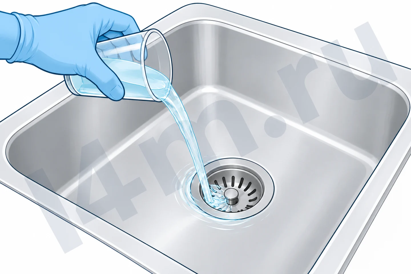 Рука в перчатке наливает немного воды из стакана в кухонную раковину для проверки слива.