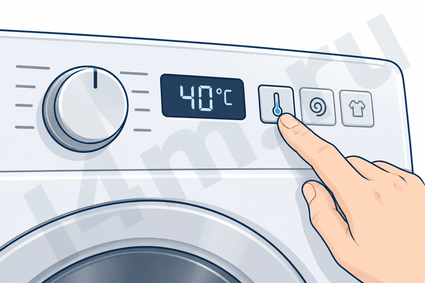 Рука выбирает температуру 40°C на условной панели стиральной машины перед запуском.